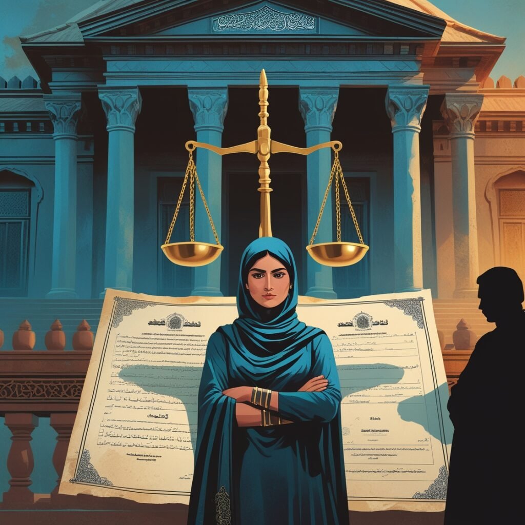 "Scales of justice balanced over a property decree, symbolizing the legal battle and judicial decision in a notable Hibah case." "Scales of justice balanced over a property decree, symbolizing the legal battle and judicial decision in a notable Hibah case."