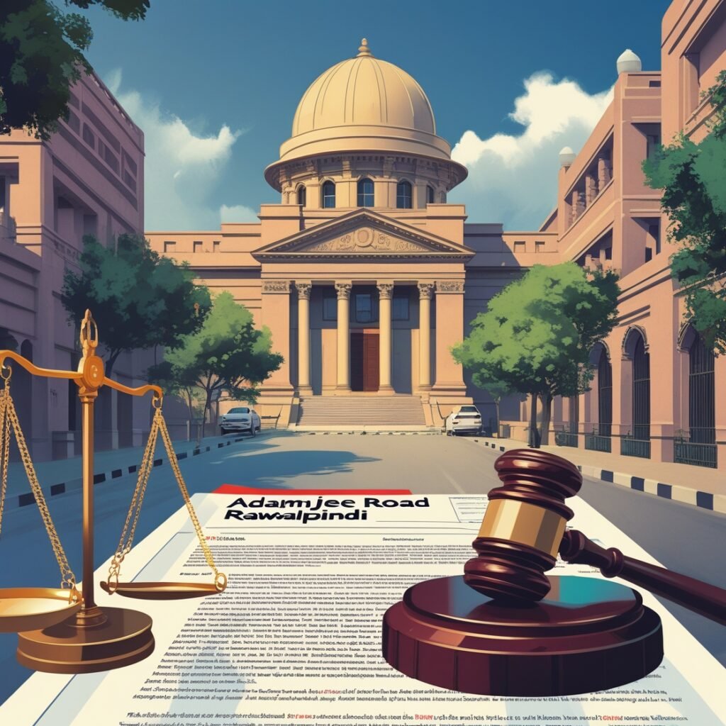 "Empowering Justice: The Adamjee Road Rawalpindi Property Case and Citizen Rights" "A historic view of Adamjee Road in Rawalpindi showing iconic architecture alongside legal symbols like court buildings, legal documents, and a gavel—representing the fierce legal battle for property rights and justice.