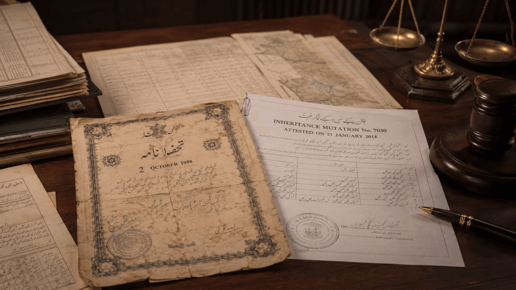 Gift Deed in Pakistan and Disputed Inheritance Mutation Old gift deed in Pakistan dated 2 October 1988 beside disputed Inheritance Mutation No. 7030
