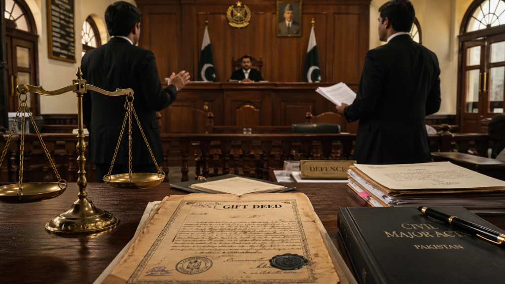 gift deed in Pakistan court reasoning visual with lawyers and judge bench