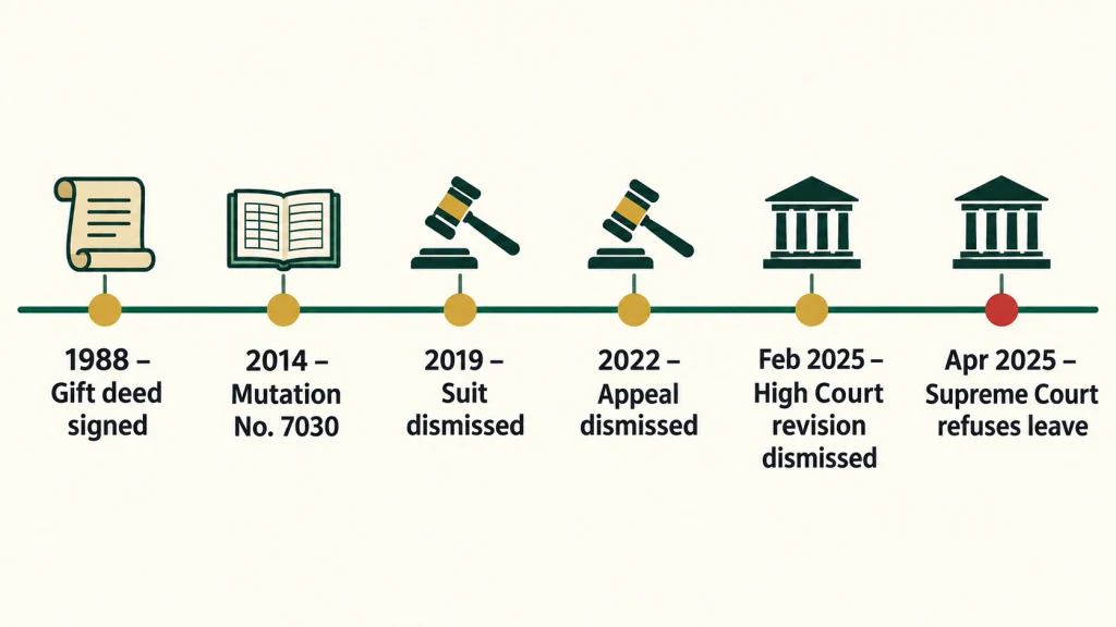 Timeline of the Hidayat Khan gift case from the 1988 deed to the 2025 Supreme Court order