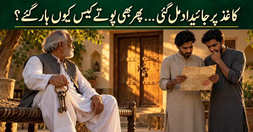 Gift deed in Pakistan: elderly donor keeps house keys as grandsons hold an old hiba deed