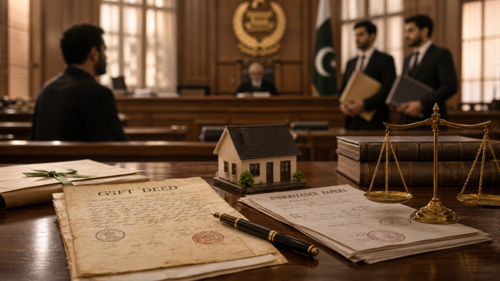 gift deed in Pakistan courtroom visual with lawyers and legal documents
