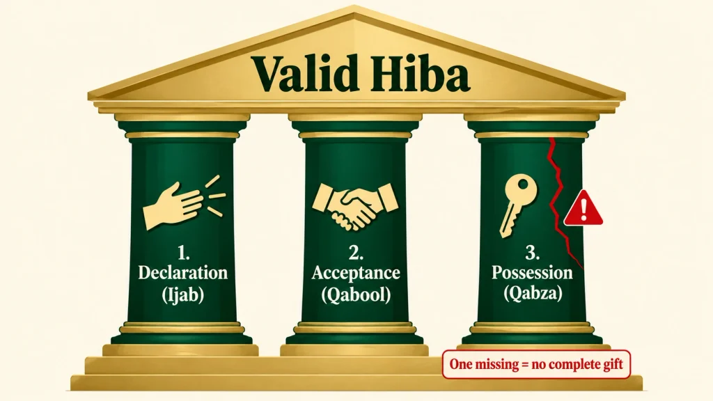 Three pillars of a valid hiba: declaration, acceptance and delivery of possession