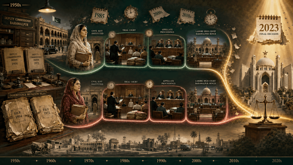Women Inheritance Rights – 2023 SCMR 1901 Litigation Timeline Women inheritance rights case timeline showing 1952 and 1956 mutations, civil suits, Lahore High Court and Supreme Court proceedings