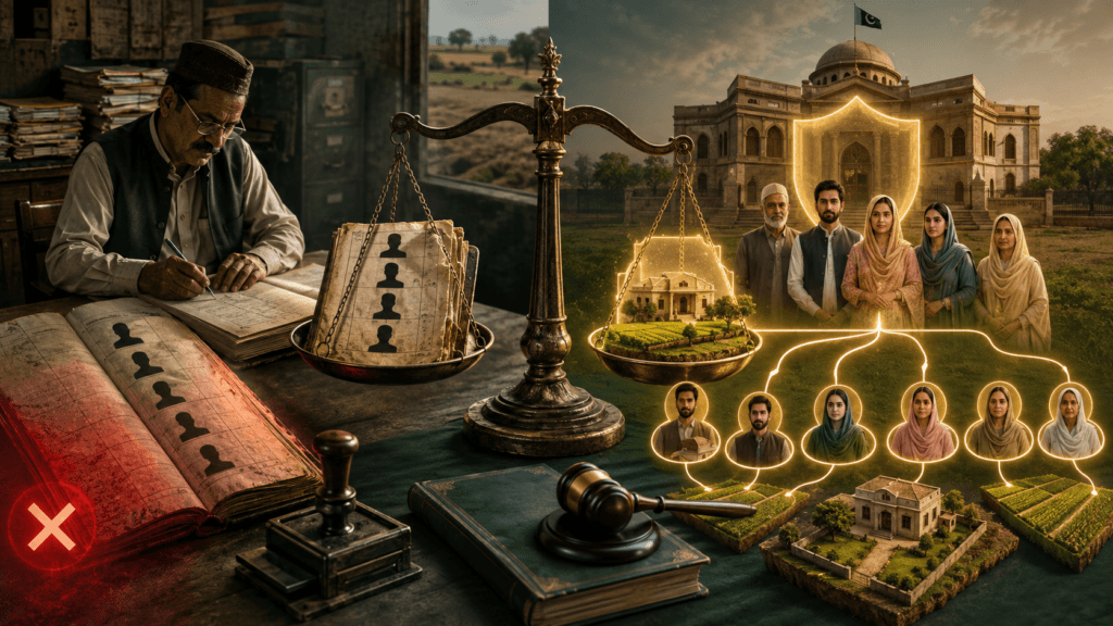 Women Inheritance Rights – Wrong Mutation vs Lawful Inheritance Women inheritance rights showing an incorrect inheritance mutation compared with lawful co-heir ownership under Muslim succession law