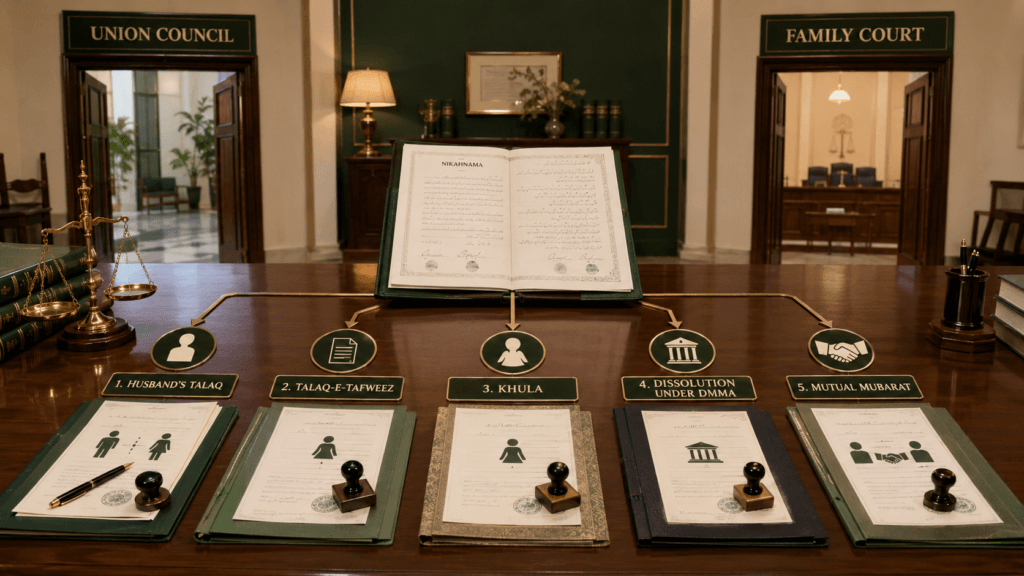 Choose the Correct Divorce Route in Pakistan Five legal routes in Divorce Procedure in Pakistan including talaq, Tafweez, Khula, statutory dissolution and Mubarat