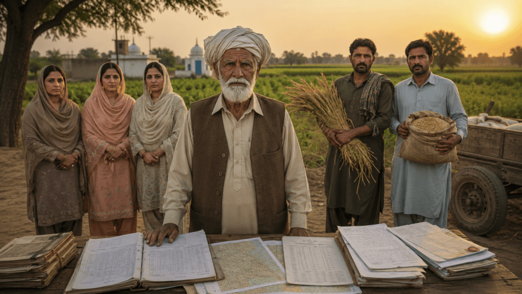 Imdad Ali’s three daughters and two sons standing beside disputed agricultural inheritance land in Arifwala.