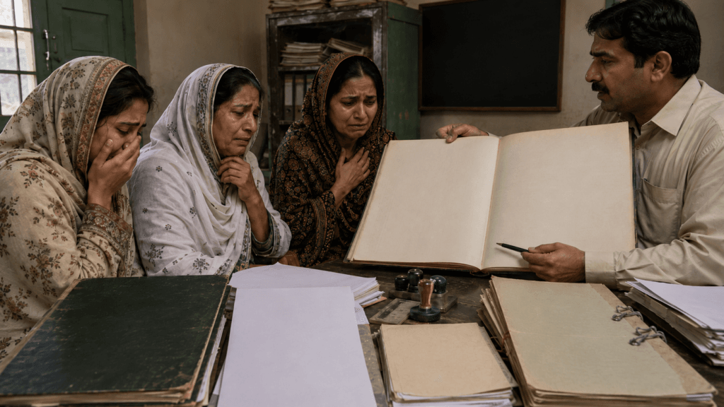 Three daughters discovering disputed gift deeds and mutation entries in the land revenue record.