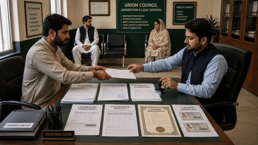 Section 7 Talaq Notice and Union Council Procedure Section 7 divorce notice being submitted to the competent Union Council in Pakistan