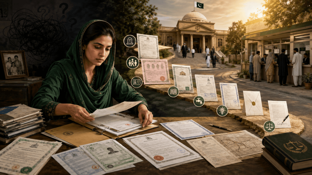 Documents and legal steps needed for a woman to claim inheritance in Pakistan