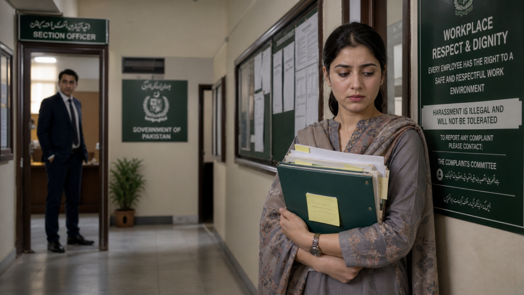 Pakistani workplace harassment complaint scene in a government office