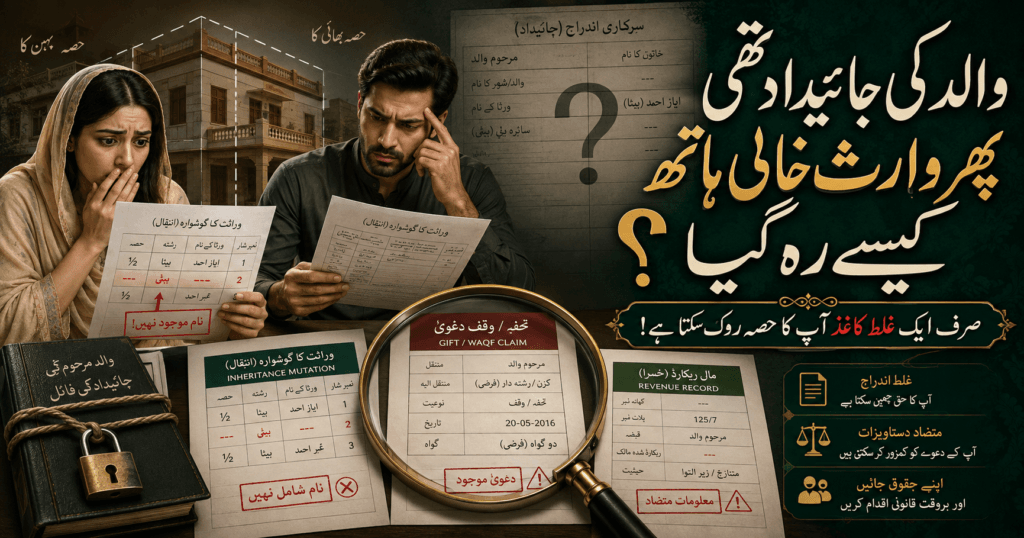 Property Inheritance in Pakistan showing heirs checking mutation, gift claim and inherited house records