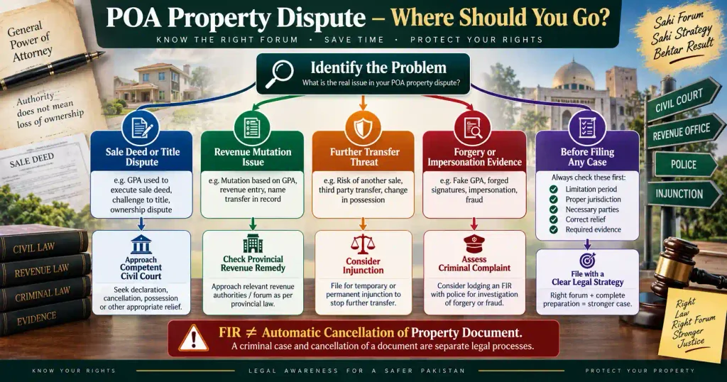 Forum and remedies for power of attorney property disputes in Pakistan