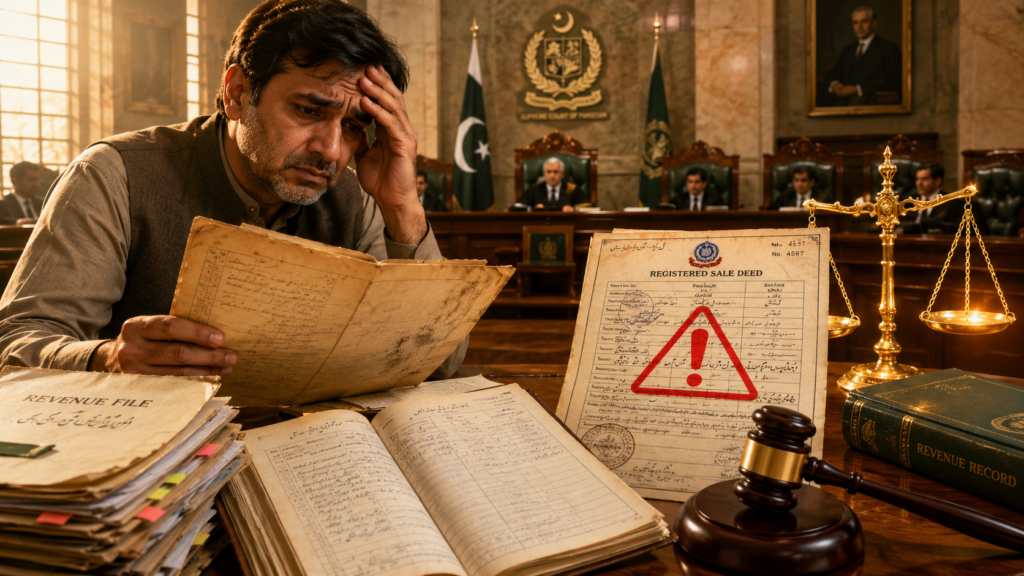 Fake Sale Deed in Pakistan showing worried landowner and disputed property documents in court