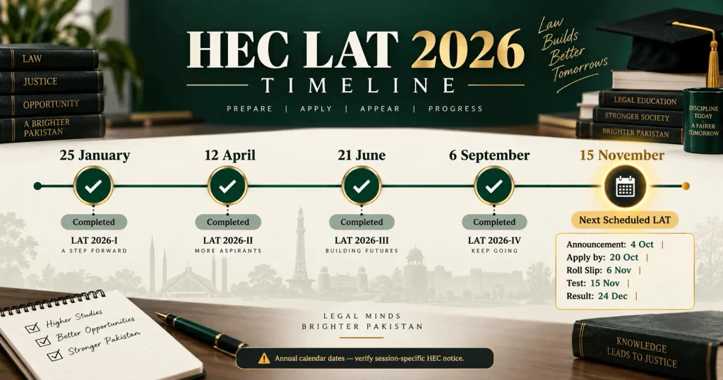 HEC LAT Test Date 2026 annual calendar showing five scheduled test sessions