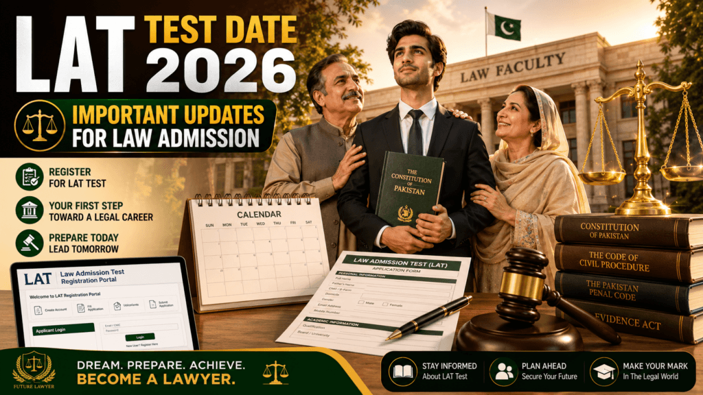 LAT Test Date 2026 – Complete HEC Law Admission Test Guide LAT Test Date 2026 guide showing a hopeful Pakistani law student with supportive parents outside a law faculty