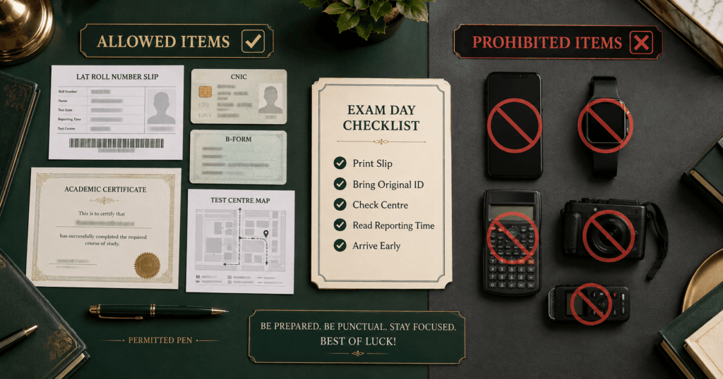 LAT roll-number slip and test-day document checklist LAT Test Date documents and prohibited items checklist
