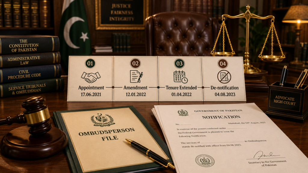 Ombudsperson Tenure Timeline Pakistan Timeline of Ombudsperson appointment and de-notification under workplace harassment law
