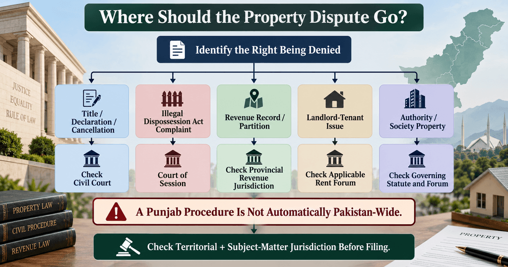 Correct court and forum for property disputes in Pakistan decision tree