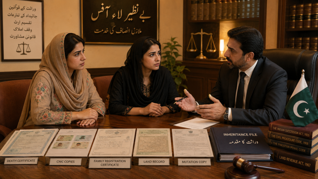 Daughters Reviewing Father Property Documents Daughters reviewing father property documents in Pakistan