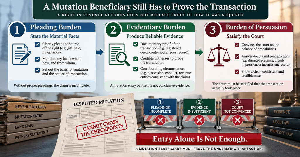 Three burdens of proof for disputed mutation beneficiary