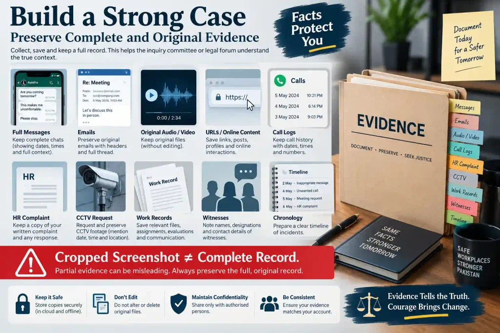 Evidence checklist for a workplace harassment complaint in Pakistan