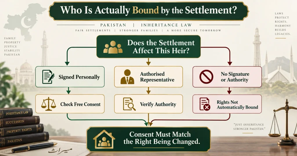 Family settlement consent flow showing signatures authority and excluded heirs