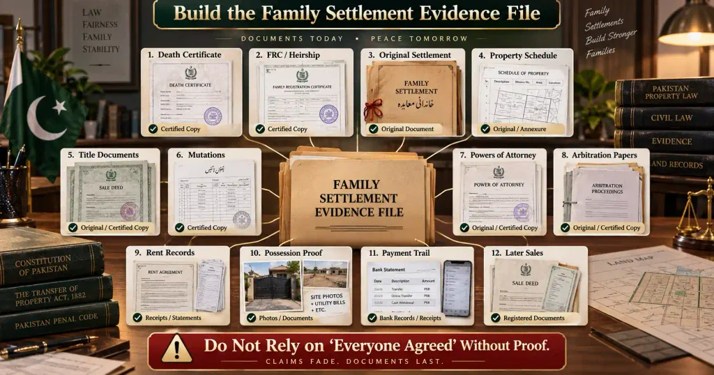 Family settlement evidence file with heirship title mutation and consent records