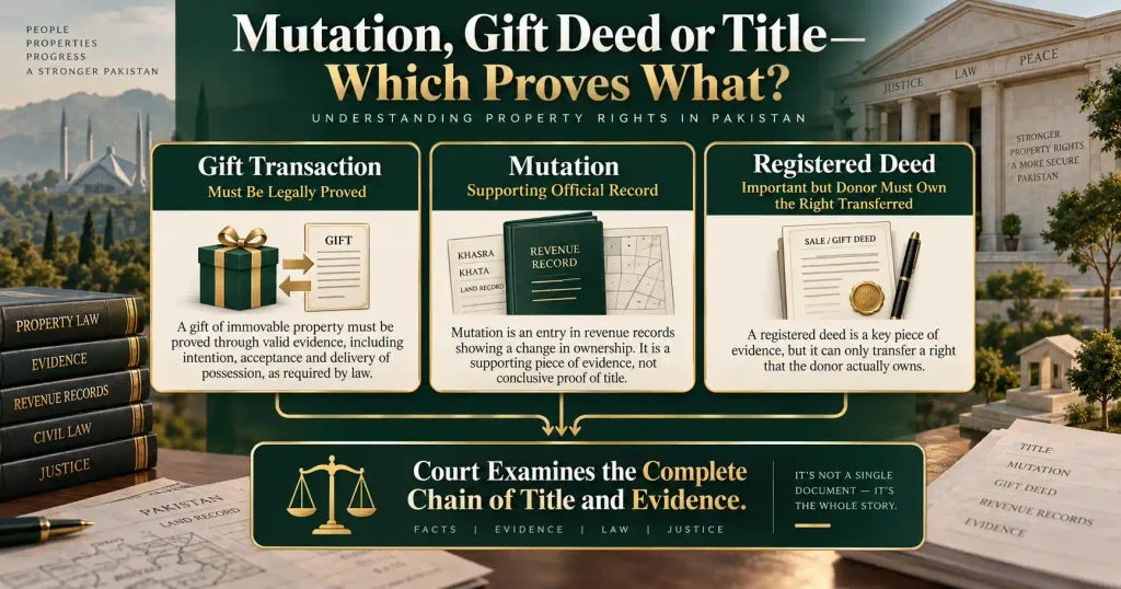 Gift mutation and registered deed compared with title evidence under Pakistan law