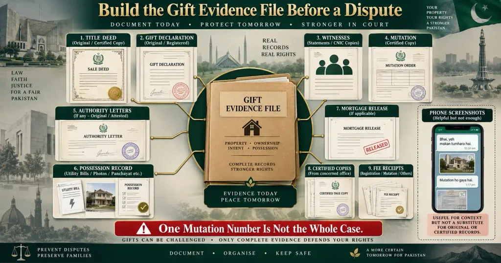 Property gift evidence file with title deed mutation letters and possession records