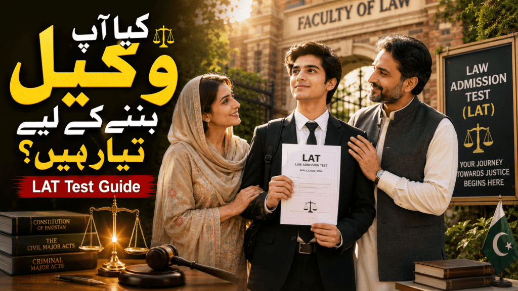 LAT Test Date – Complete HEC Law Admission Test Guide LAT Test Date guide showing a Pakistani law student with supportive parents outside a law faculty holding an LAT application form
