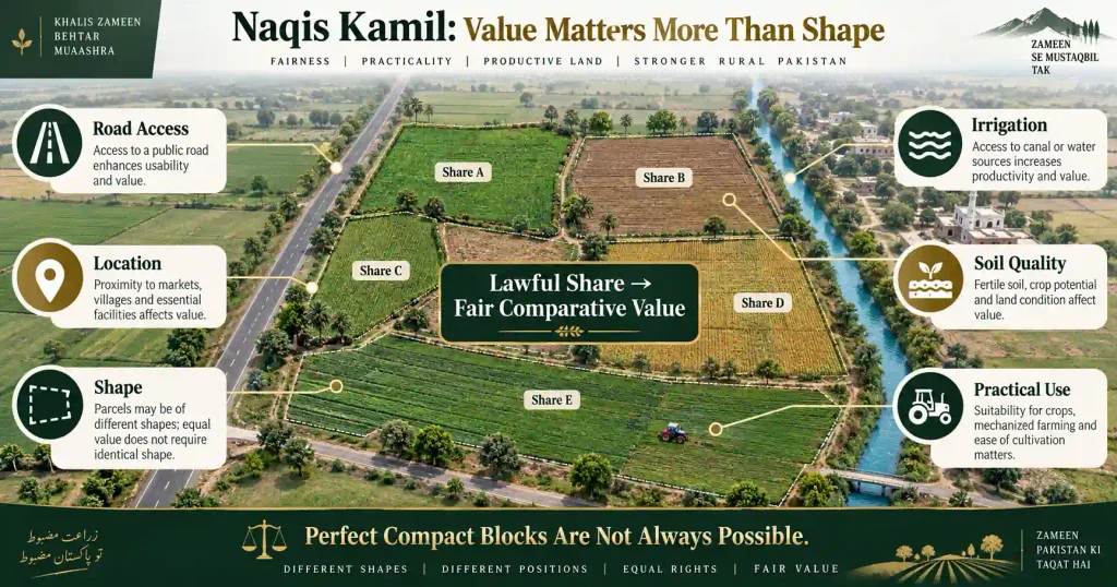 Naqis Kamil infographic showing value factors in land partition
