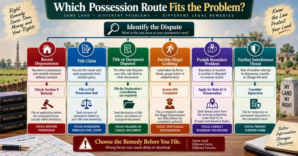 Legal remedies decision tree for property possession in Pakistan