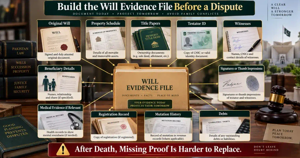 Will evidence file with original document title papers witnesses and mutations