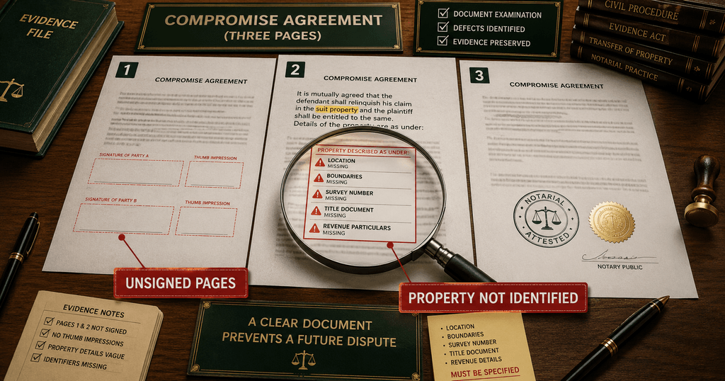 Key defects in the disputed three-page compromise Two unsigned pages and unidentified property in a notarised inheritance compromise