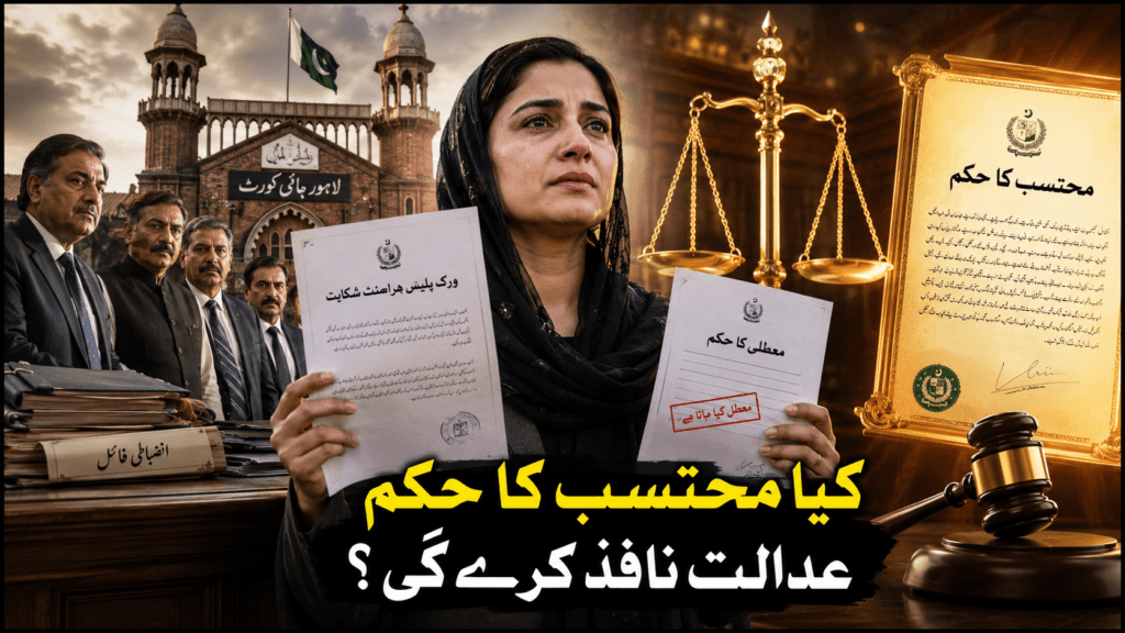 Harassment Ombudsperson Pakistan case showing woman employee holding harassment complaint outside Lahore High Court