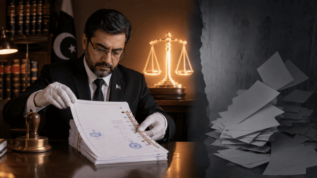 Notary Public checking signatures on every page of a document