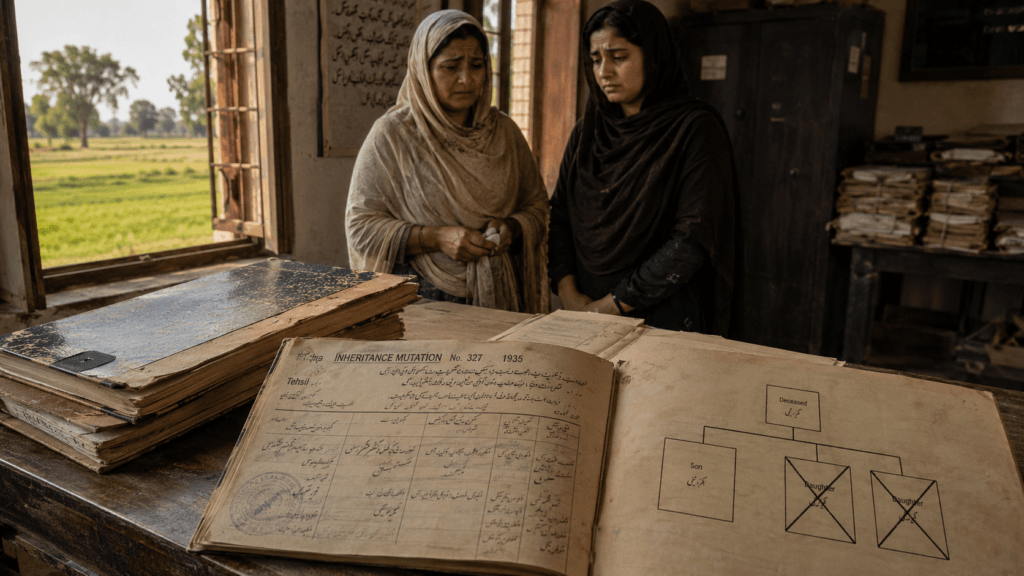 Old inheritance mutation excluding two daughters from family property