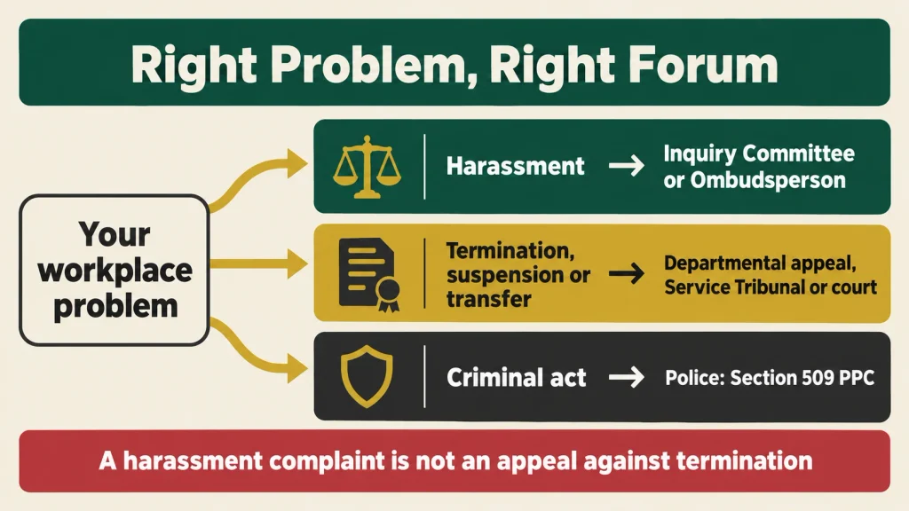 Infographic showing the right forum for harassment, termination and criminal complaints