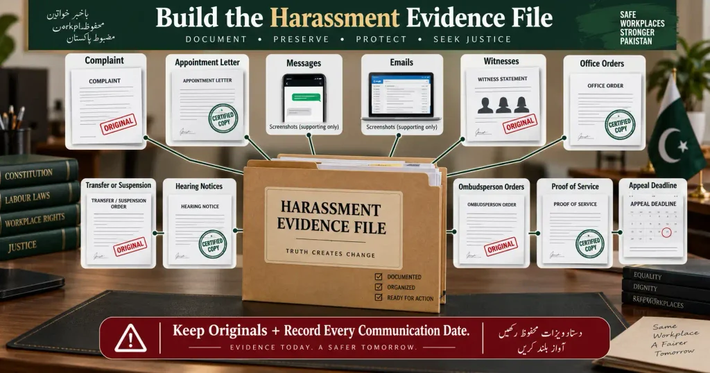 Workplace harassment evidence file with orders, messages and deadline records