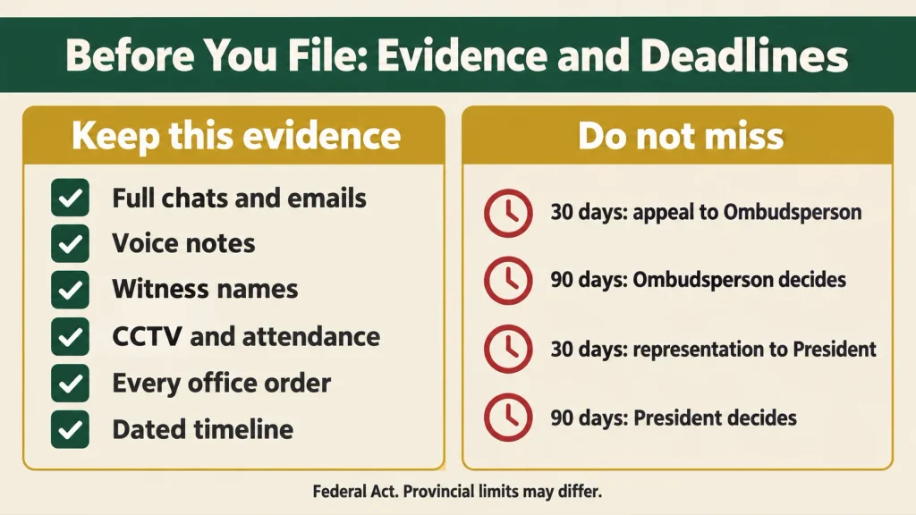 Checklist infographic of harassment evidence and 30 and 90 day legal deadlines