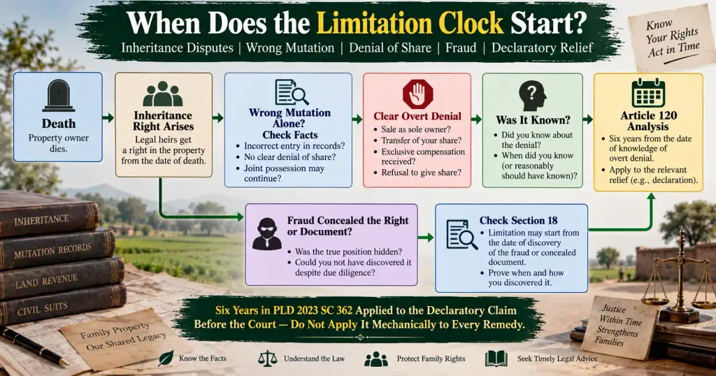 Inheritance limitation flow showing overt denial knowledge Article 120 and fraud