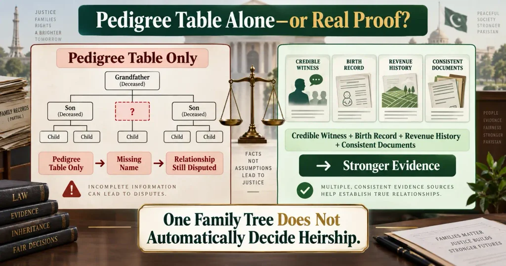 Pedigree table compared with independent evidence for proving legal heirs