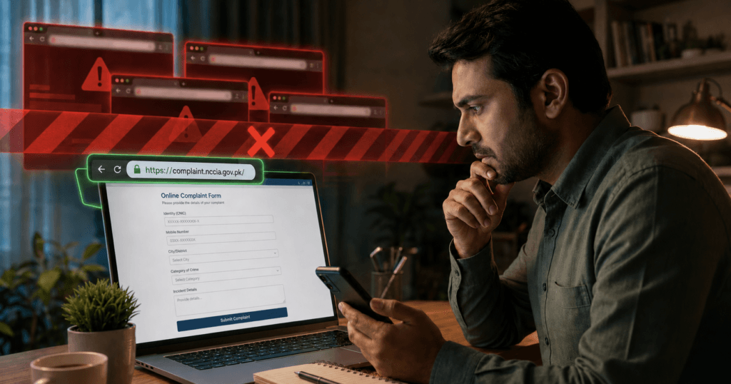 Verify the Official NCCIA Cybercrime Complaint Portal Victim verifying the official NCCIA cybercrime complaint portal in Pakistan