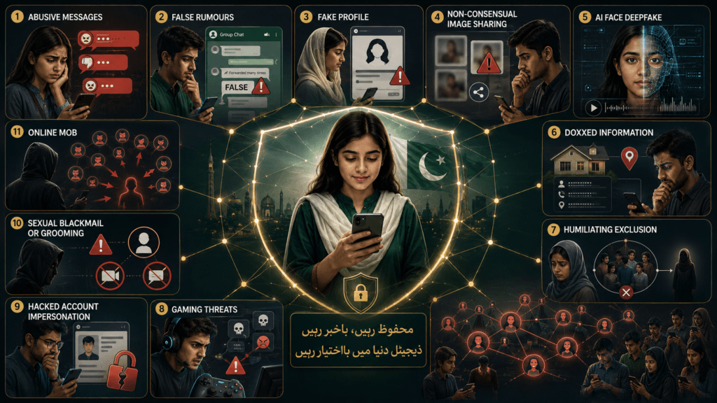 Eleven forms of cyber bullying including fake profiles, rumours, doxxing, gaming abuse and deepfakes