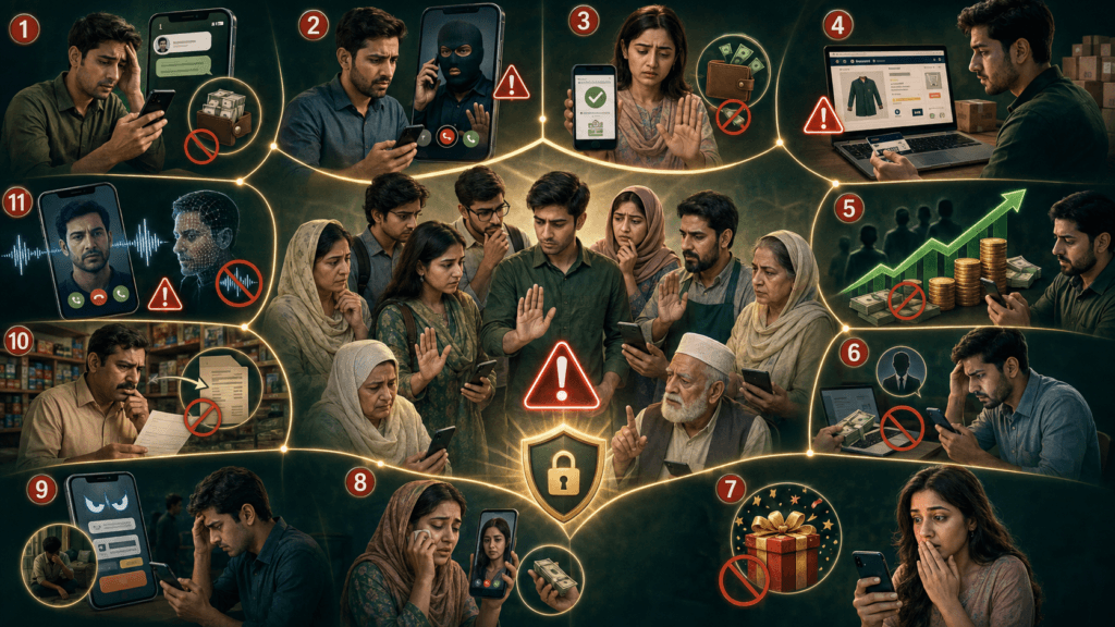 Common online fraud scams in Pakistan including WhatsApp, bank, job, shopping and investment traps