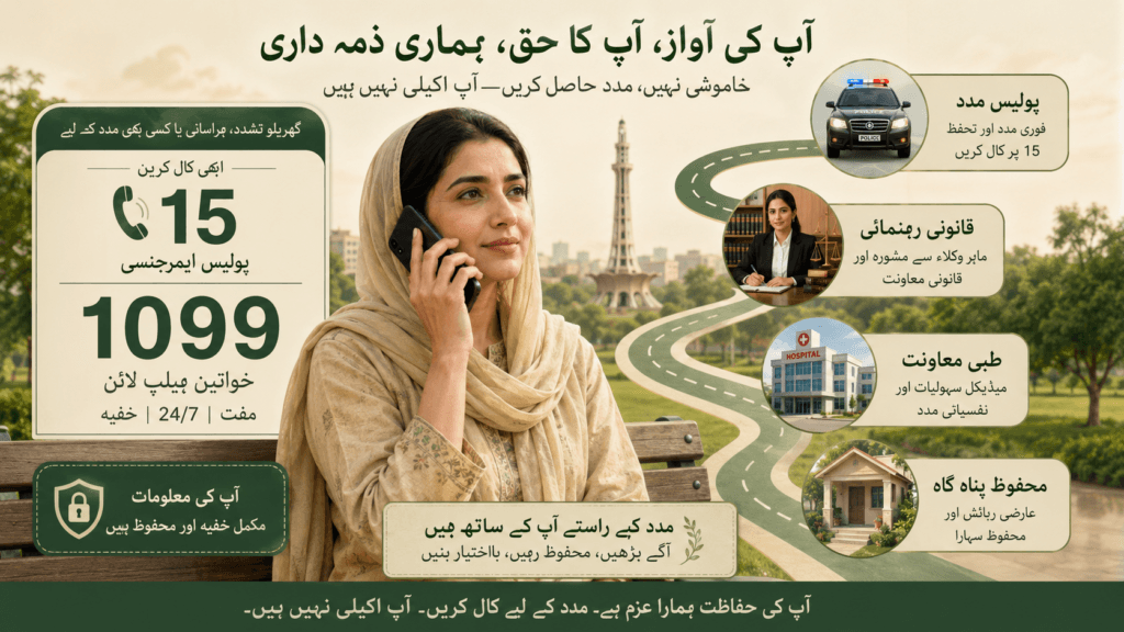 Domestic violence helpline Pakistan Police 15 and legal helpline 1099
