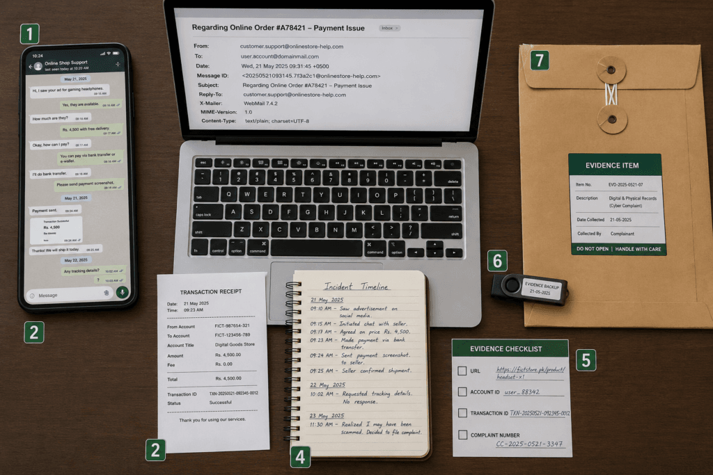 Cyber crime evidence checklist with screenshots, URLs, email headers, transaction records and backup.