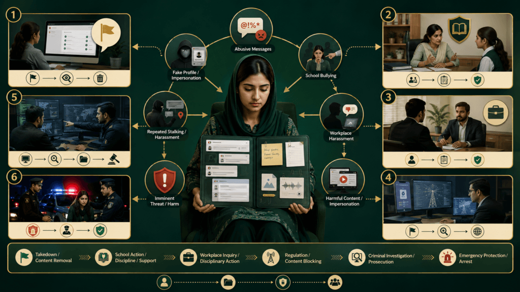 Correct cyber bullying reporting routes through platform, school, workplace, PTA, NCCIA and police